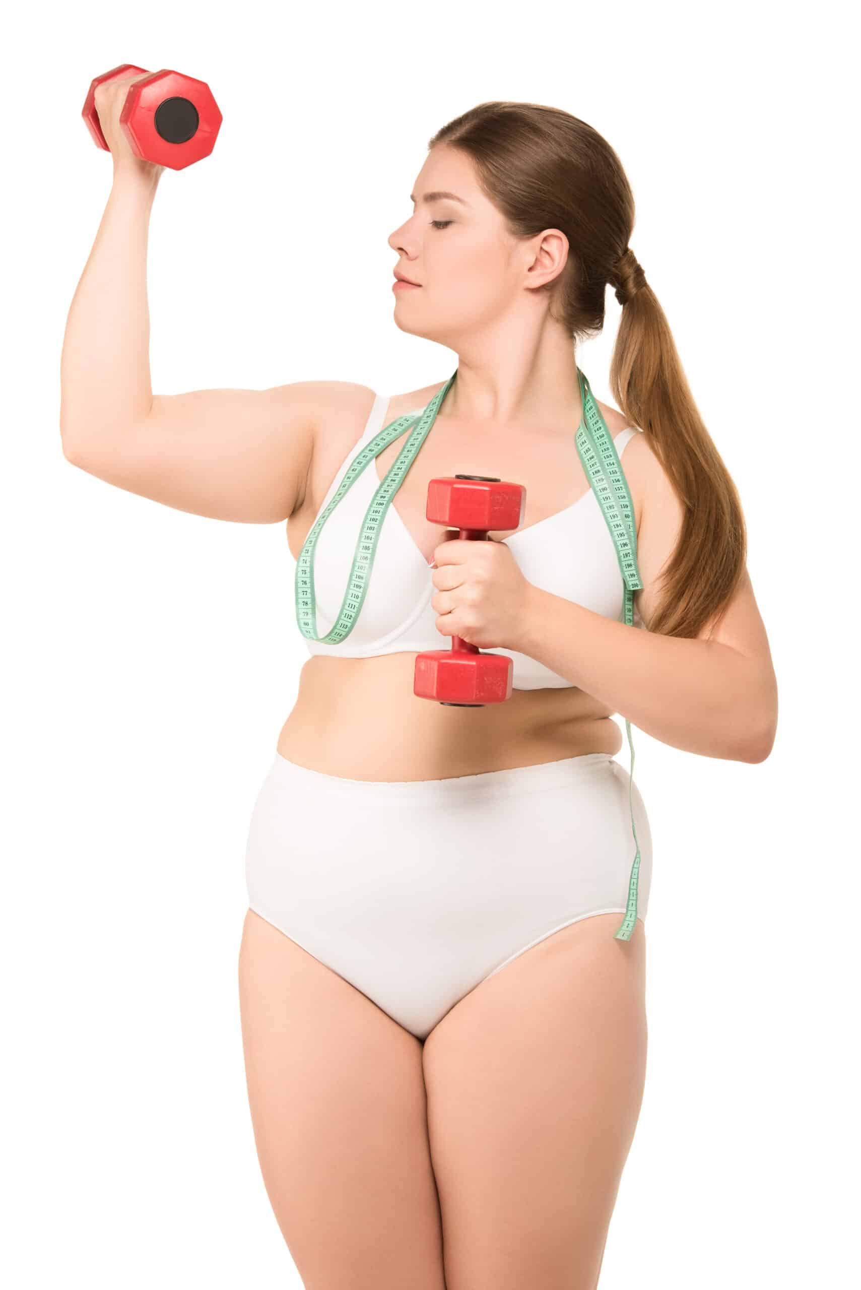 fat woman with measuring tape training with dumbbe 2022 11 16 22 03 57 utc scaled