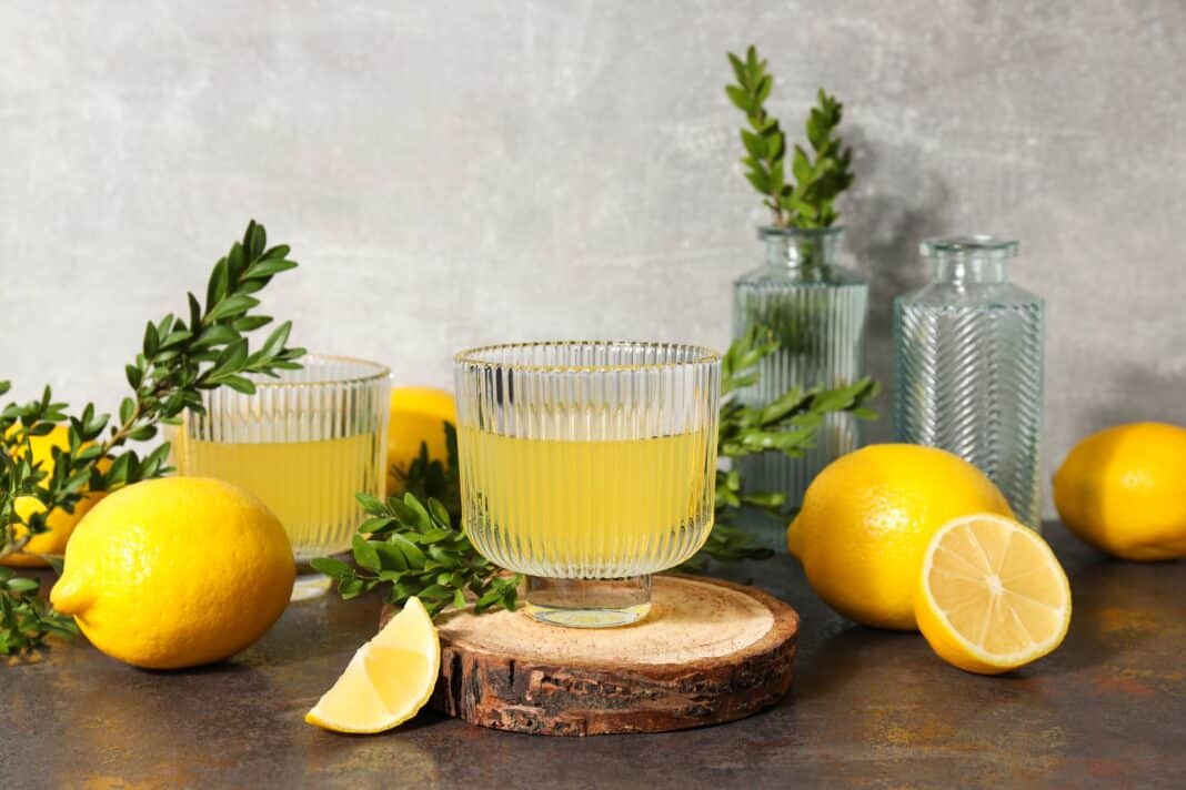 Concept of tasty drink, Limoncello, Italian lemon liqueur