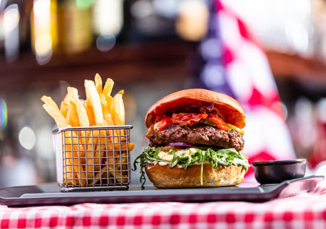Burger and french fries meal in american restaurant