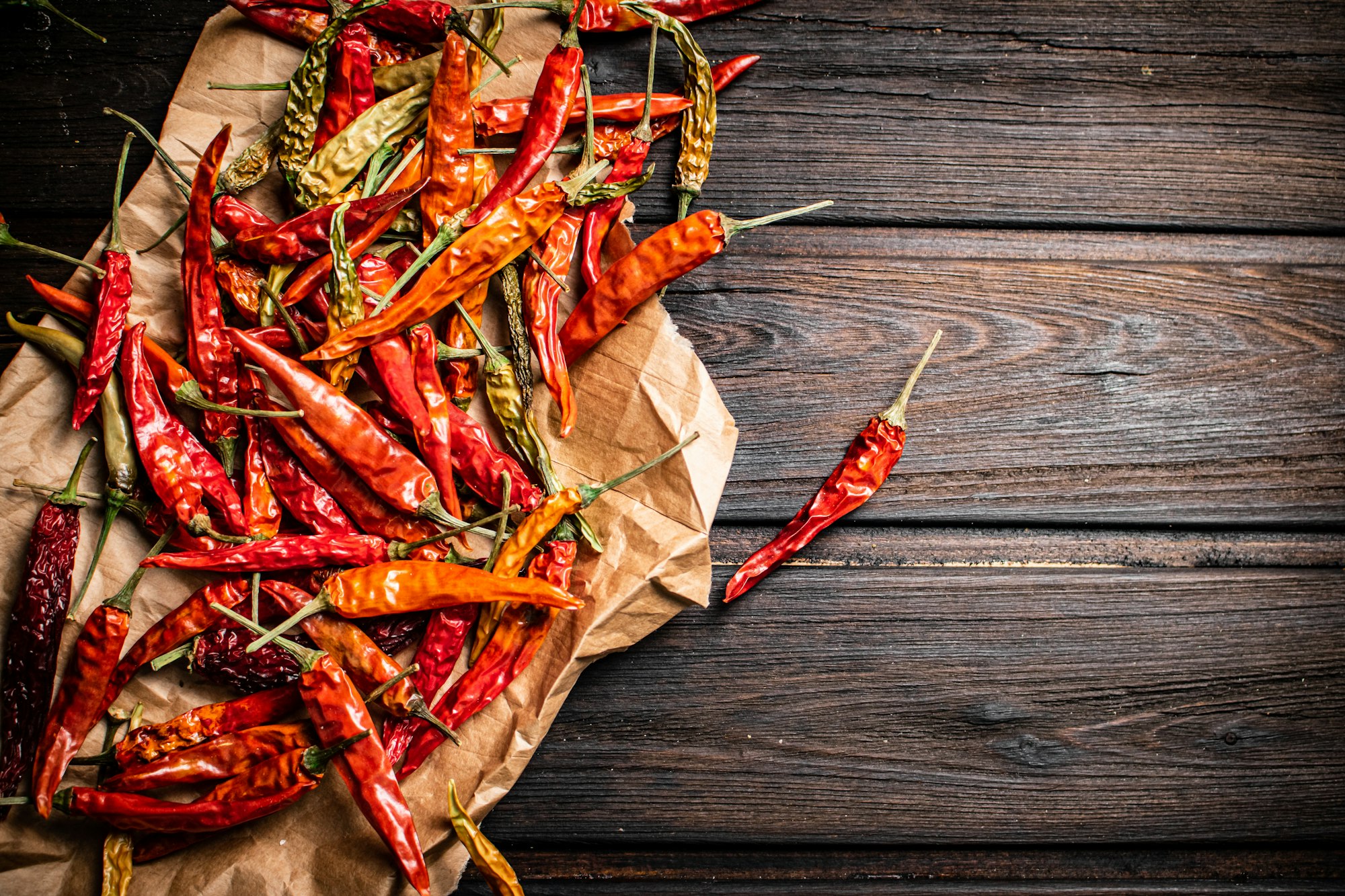 Dried chili peppers on paper.